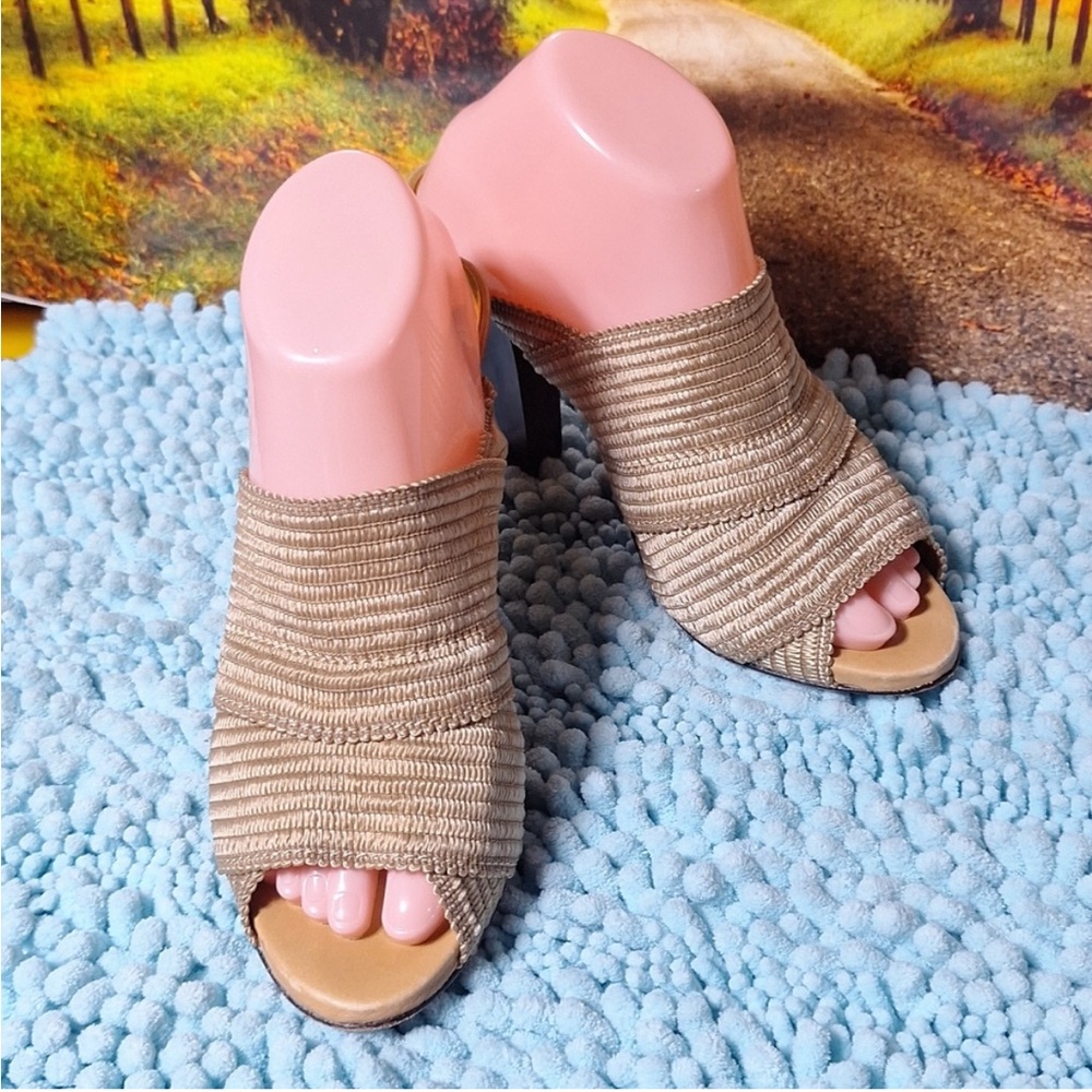 Vince Camuto gold macrame with wood heel, 8B mules.